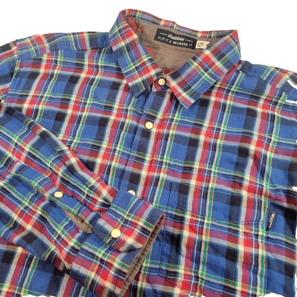 Chubbies Flip Reverse It Reversible Dinosaur Pearl Snap Button Plaid Shirt XL